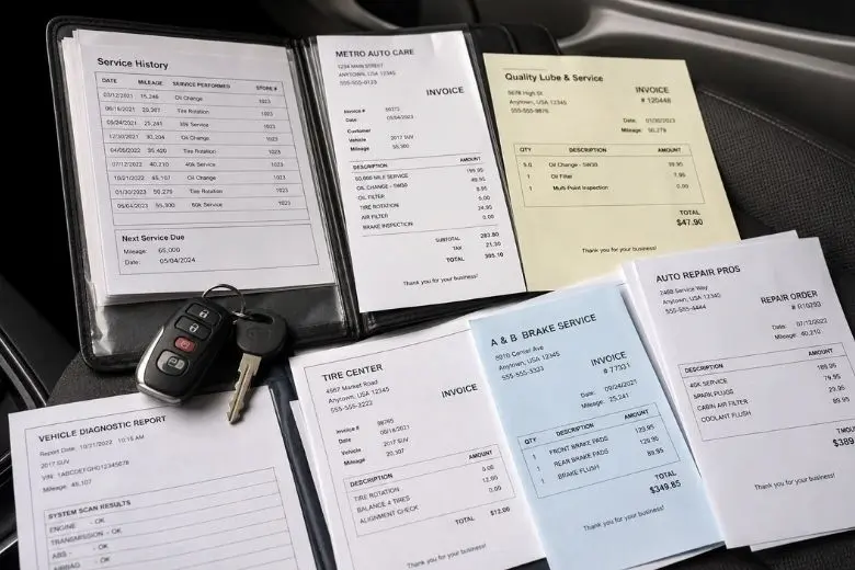 Folder of maintenance receipts and service records for a used car