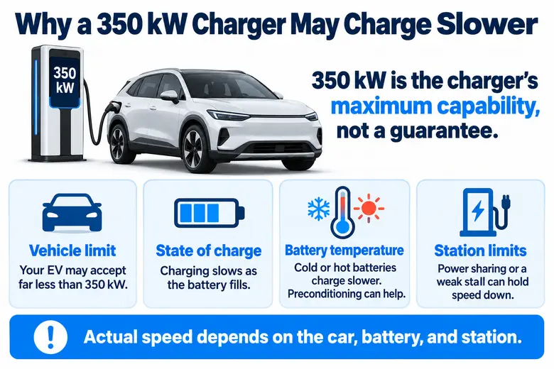 Infographic showing how vehicle limits, state of charge, battery temperature, and station limits can reduce DC fast-charging speed