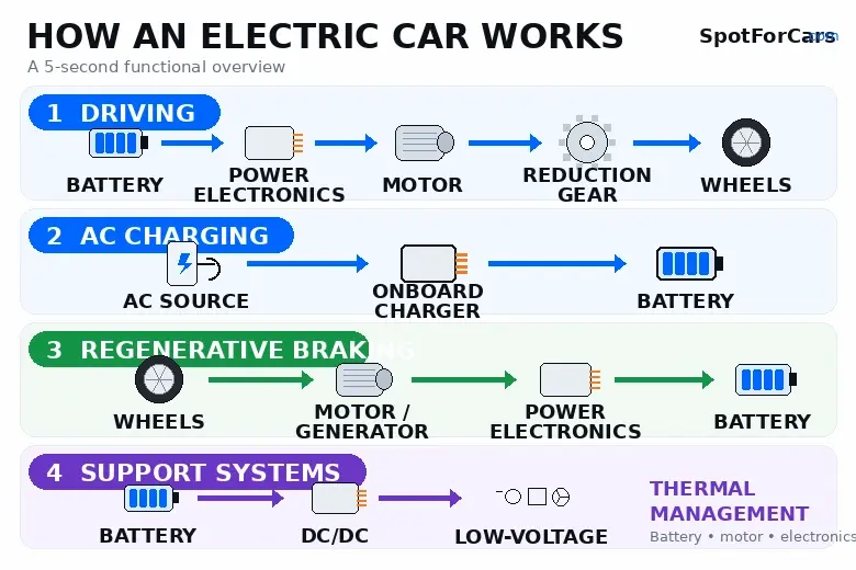 Diagram showing electric-car energy flow during driving, AC charging, regenerative braking, and low-voltage support systems.