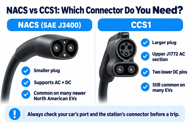 Infographic comparing NACS SAE J3400 and CCS1 electric vehicle charging connectors