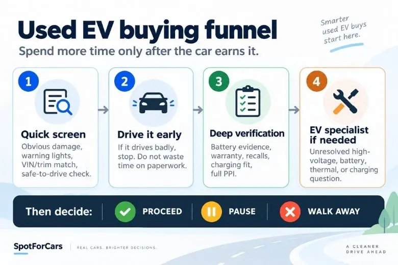 Used EV buying funnel showing a 4-step process: 5-minute screen, early road test, deep verification, and EV specialist inspection if needed.