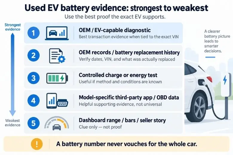 Used EV battery evidence ranked from strongest to weakest, from OEM diagnostics to dashboard range and seller claims