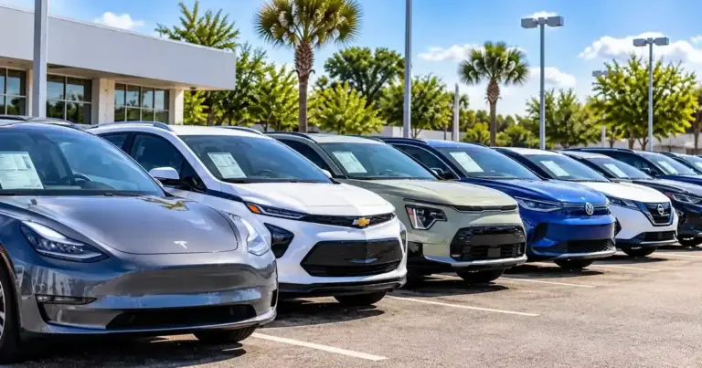 Used electric vehicles lined up at a dealership for sale, representing the under-$20,000 used EV market