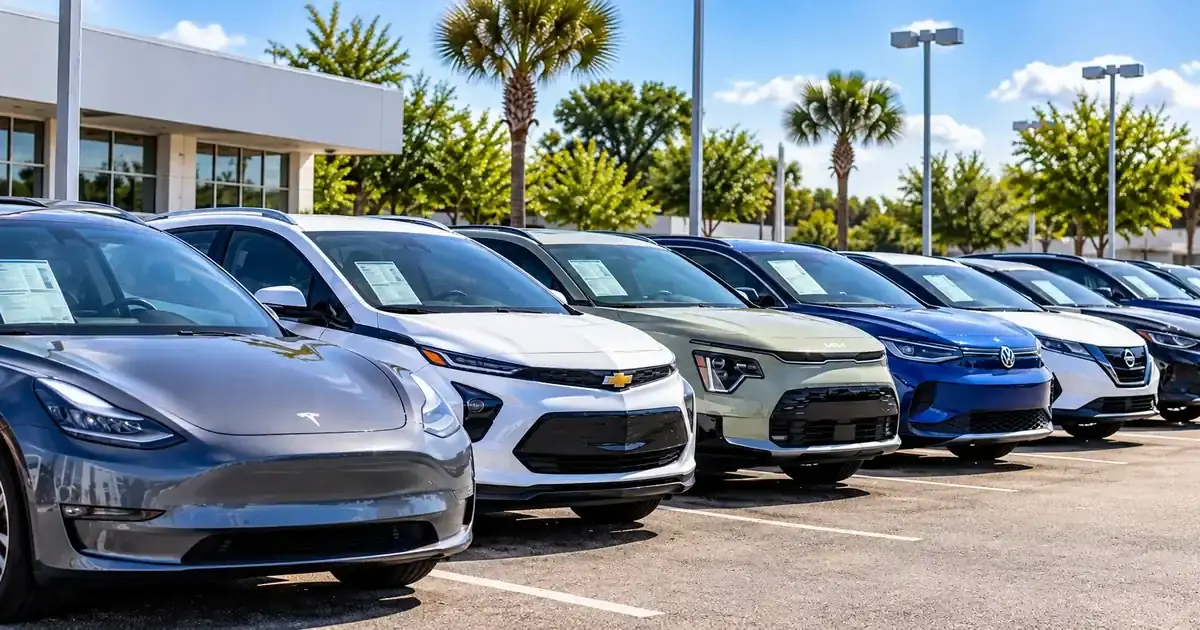 Used electric vehicles lined up at a dealership for sale, representing the under-$20,000 used EV market